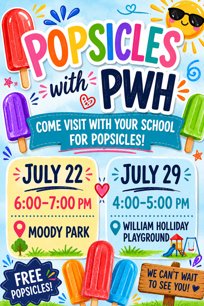 Join us for Popsicles with PWH this summer. We will be at Moody Park on July 22 and the William Holliday Playground on July 29. Free popsicles for all. See the flyer for full details.