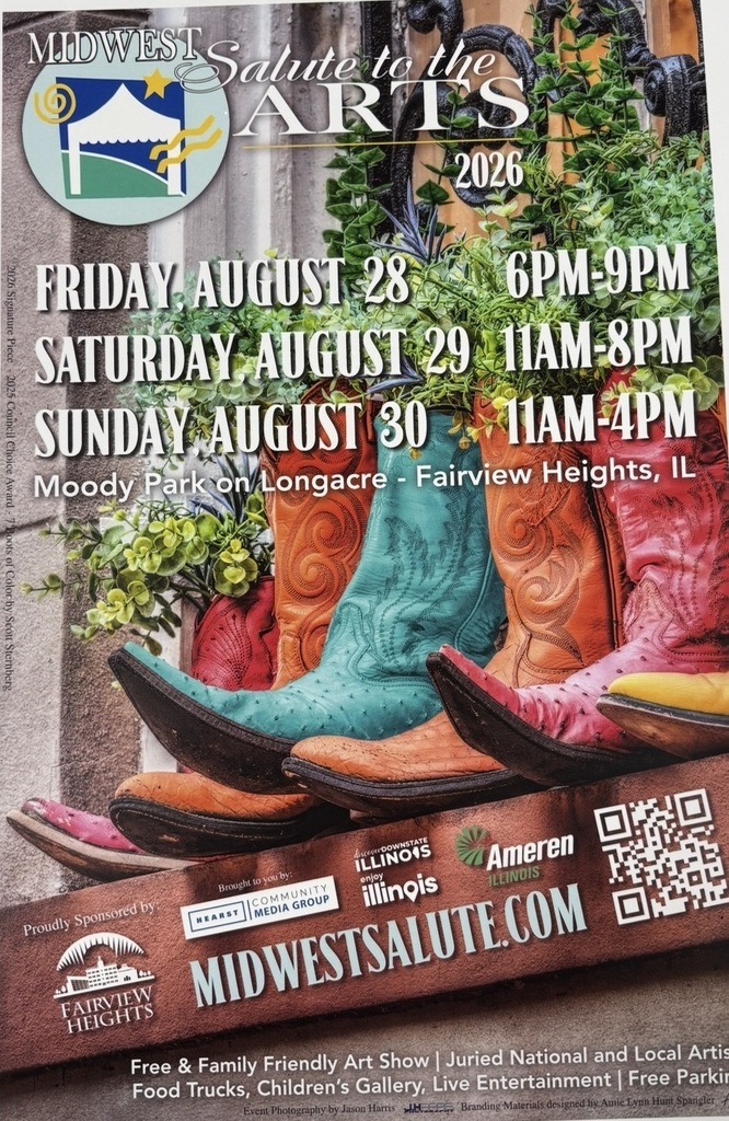 The 38th Midwest Salute to the Arts Festival will take place August 27–30 in Fairview Heights. The event flyer and volunteer details are available at the links below for anyone who would like to review them. Event flyer: https://aptg.co/j0x9Mt Volunteer info: https://aptg.co/czgQ_6