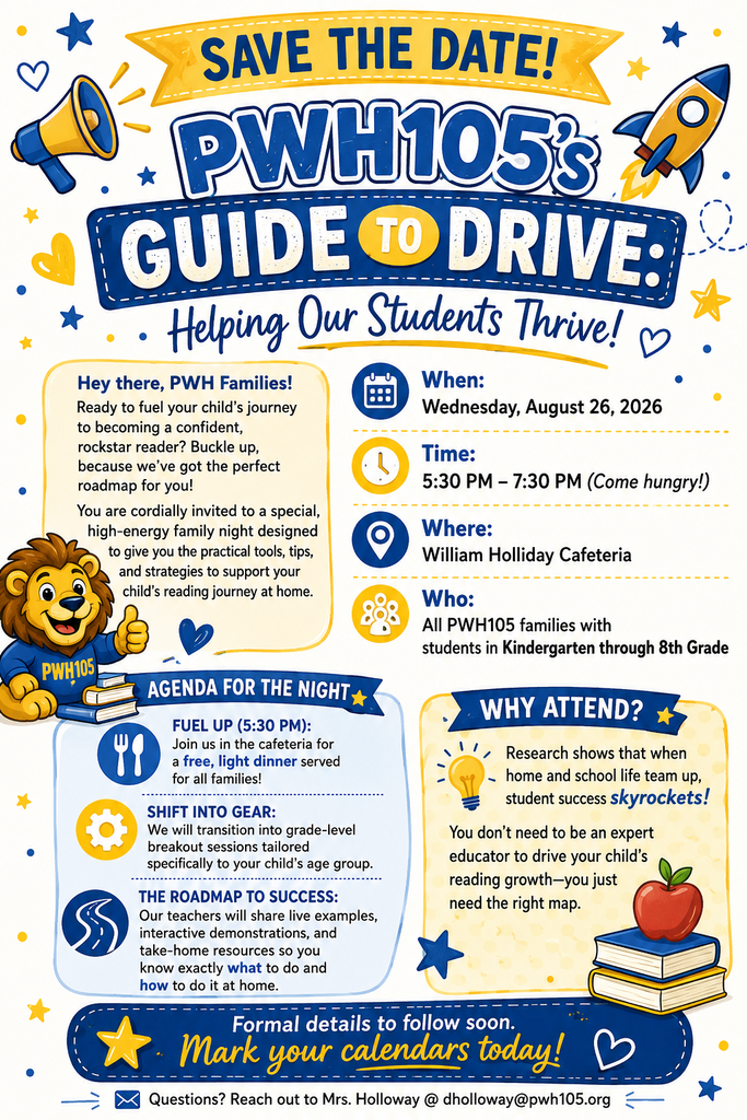 PWH105’s Guide to Drive is coming up on August 26. Enjoy a free family dinner, grade‑level sessions, and practical reading strategies you can use right away. We cannot wait to see you there. To view the flyer, click here to view the flyer: https://aptg.co/73j6QF
