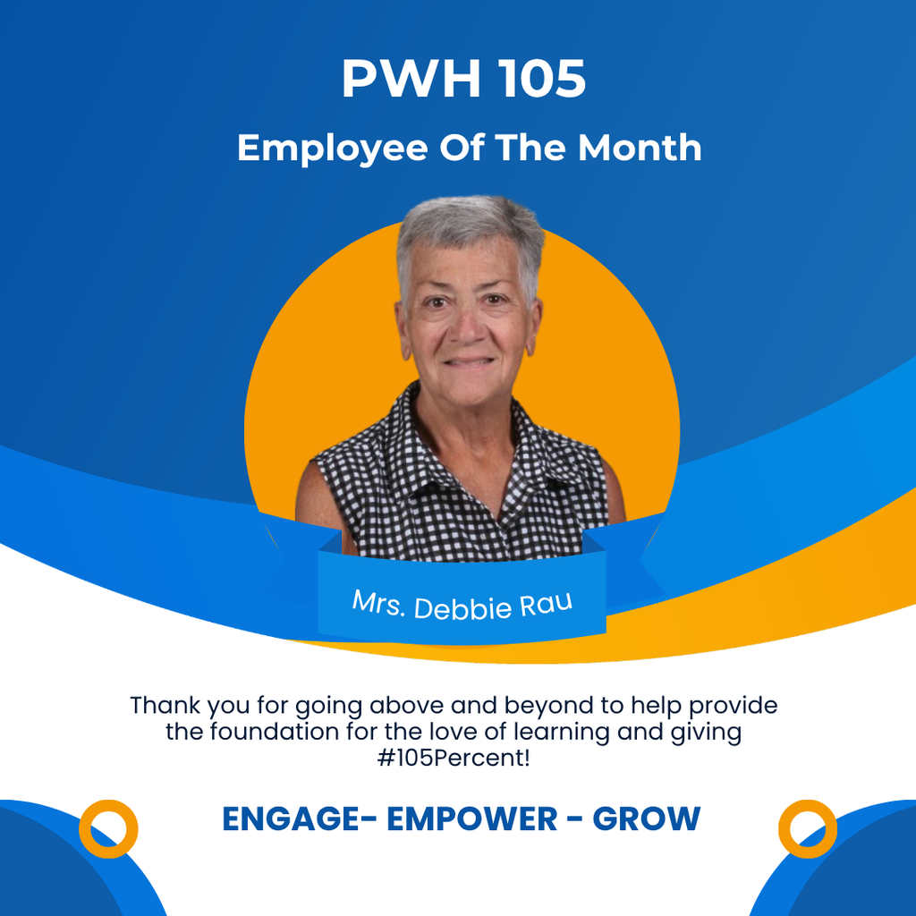 Congratulations to our Septemeber 2026 Employee of the Month, Mrs. Debbie Rau! Thank you for all you do for our students, school, and district!!