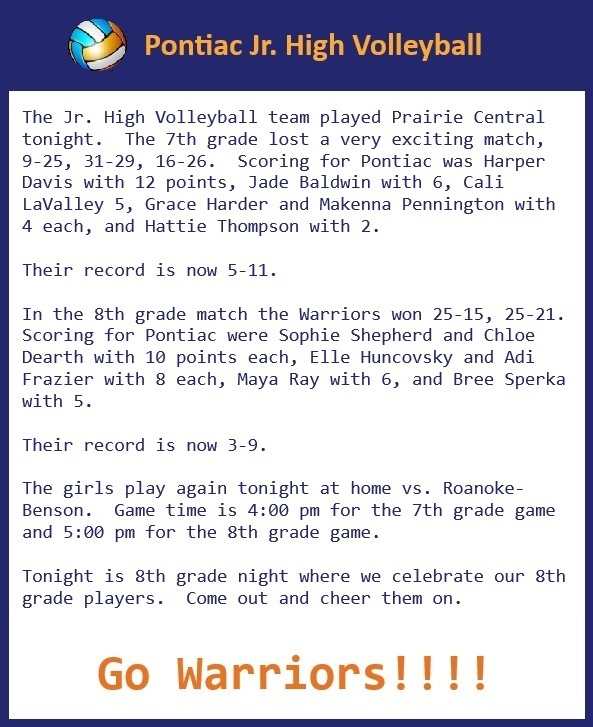 Jr. High Volleyball Update