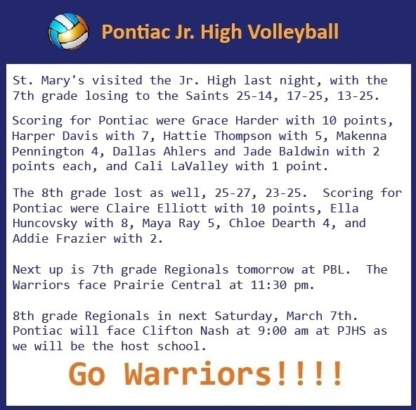 Jr. High Volleyball Update
