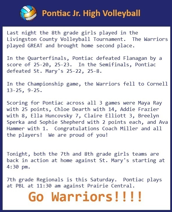 Jr. High Volleyball Update