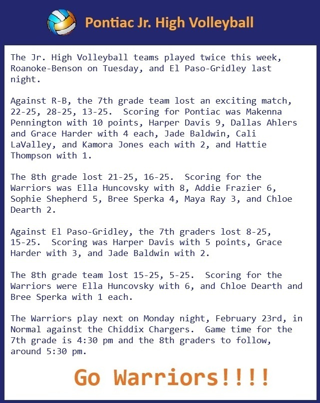 Jr. High Volleyball Update