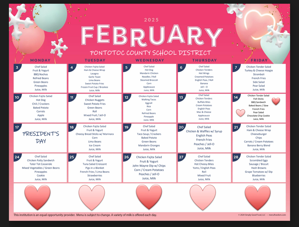 Feb. 2025 Lunch menu