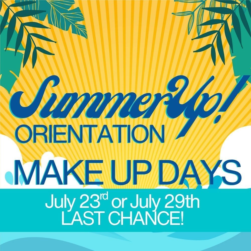 Summer Up Orientation written on a summery background of yellow with tropical plant leaves