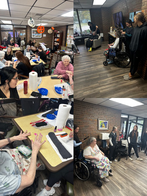 Collage of pictures with students and center residents receiving pedicures and hair styling