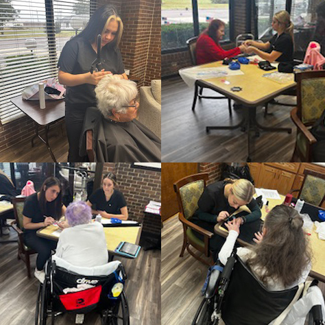 Collage of pictures with students and center residents receiving pedicures and hair styling