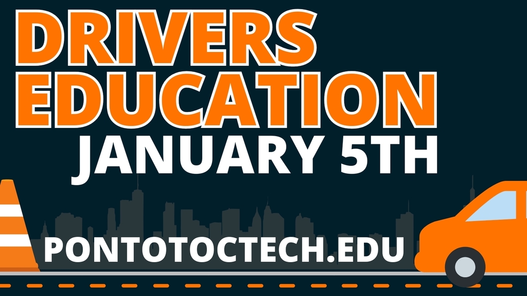 Drivers education january 5th text with image of orange traffic cone and orange car on an illustrated roadway