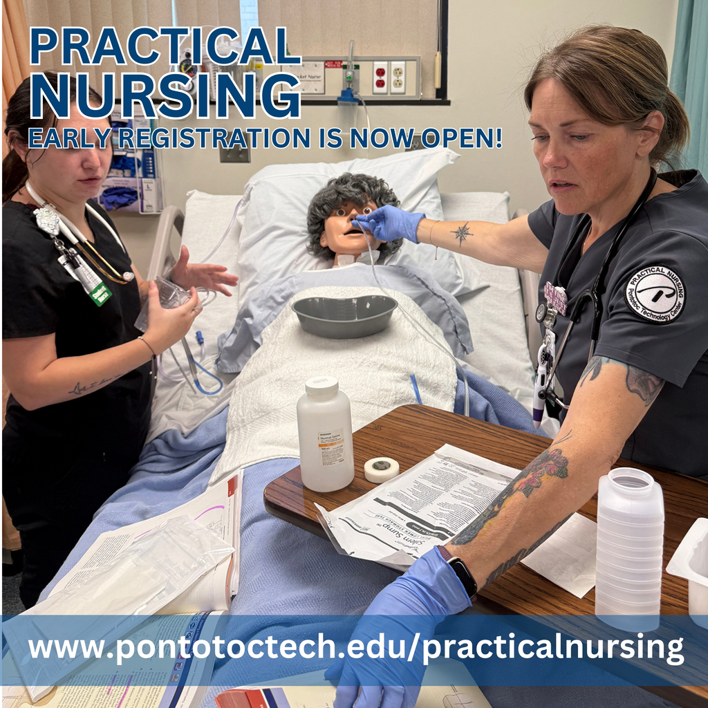 Practical Nursing students practicing skills under promotional text and website link