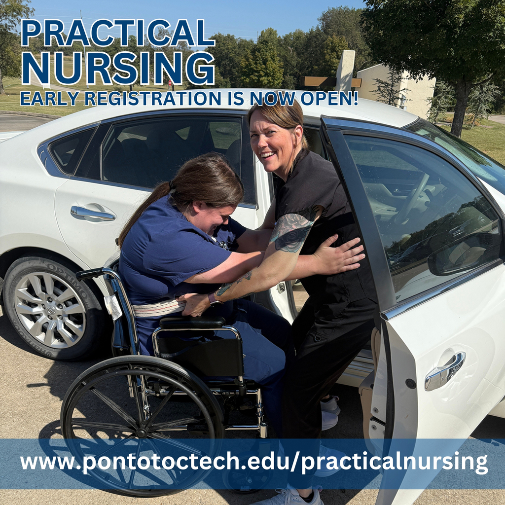 Practical Nursing students practicing skills under promotional text and website link
