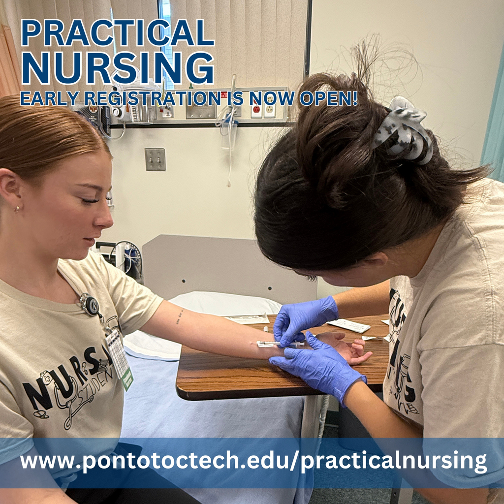 Practical Nursing students practicing skills under promotional text and website link