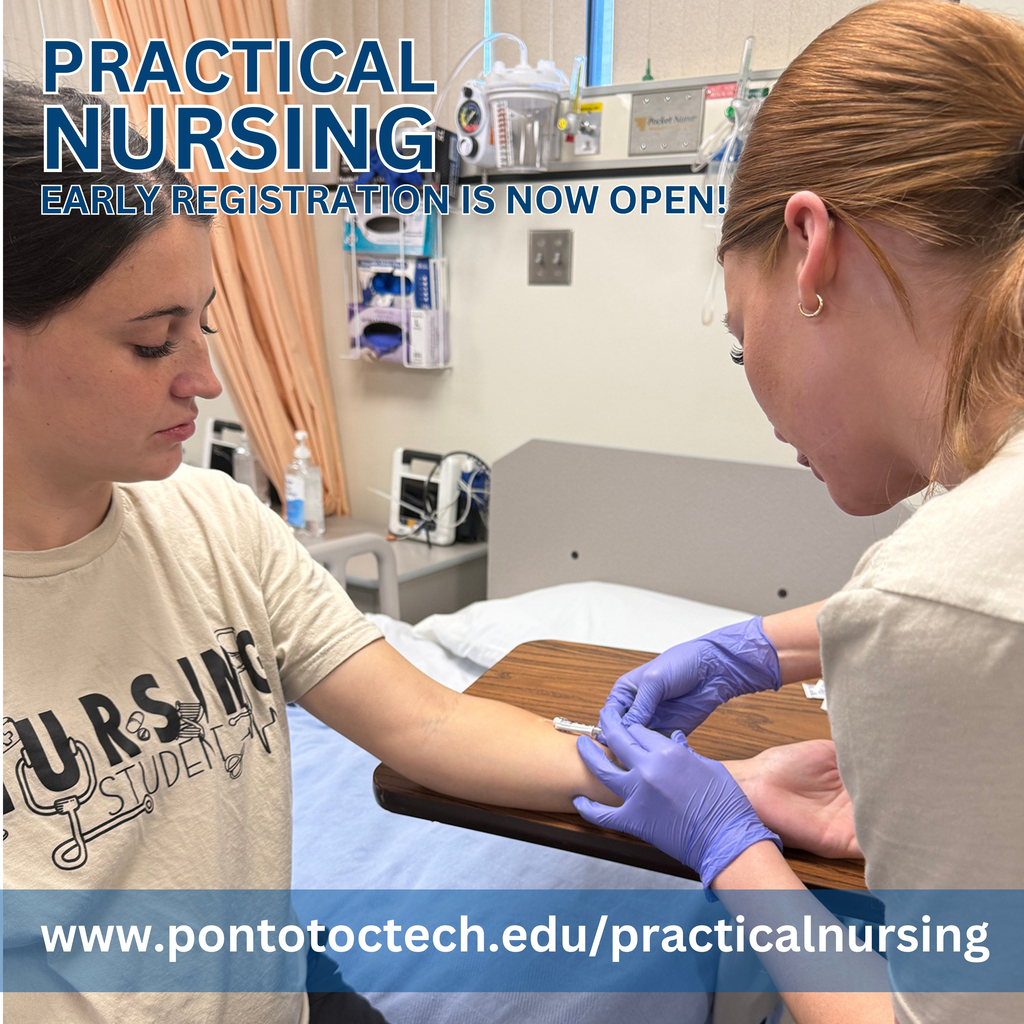 Practical Nursing students practicing skills under promotional text and website link