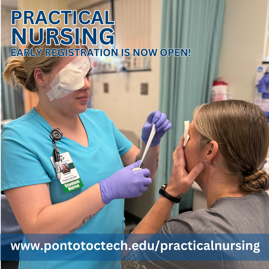 Practical Nursing students practicing skills under promotional text and website link