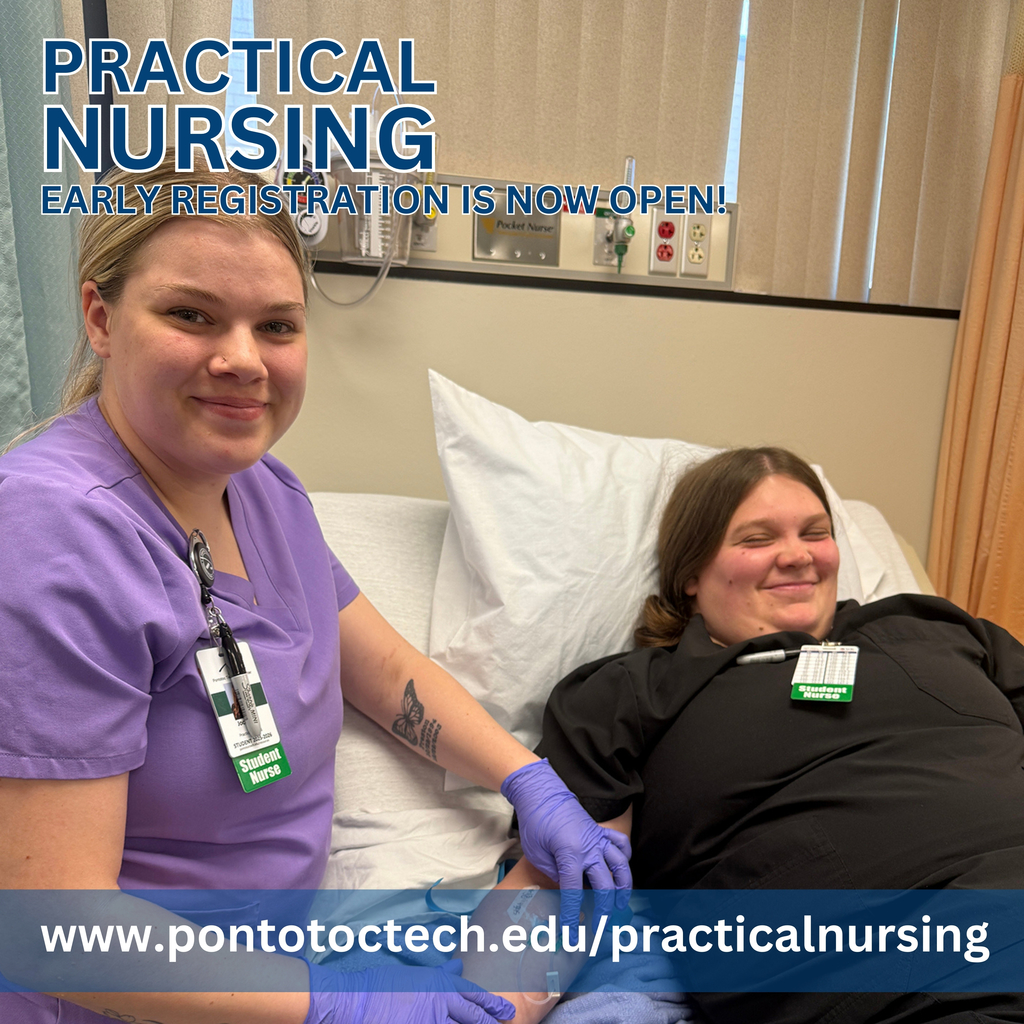 Practical Nursing students practicing skills under promotional text and website link