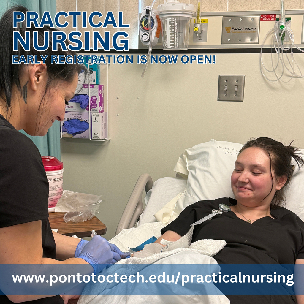 Practical Nursing students practicing skills under promotional text and website link