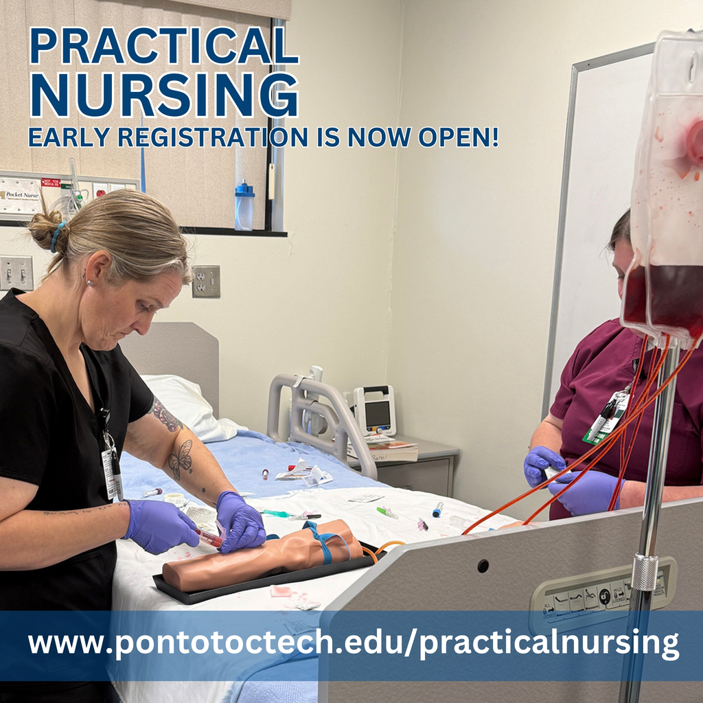 Practical Nursing students practicing skills under promotional text and website link
