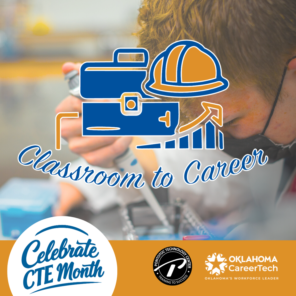 Student in background using a micropipette device, with "Classroom to Career" overprinted on the image.