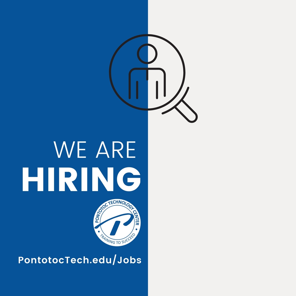 Blue and grey image with PTC logo, line art image of person, and the words we are hiring and the website address.