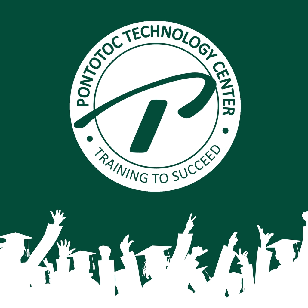 PTC Logo with a green background with the bottom of the image depicting graduates celebrating