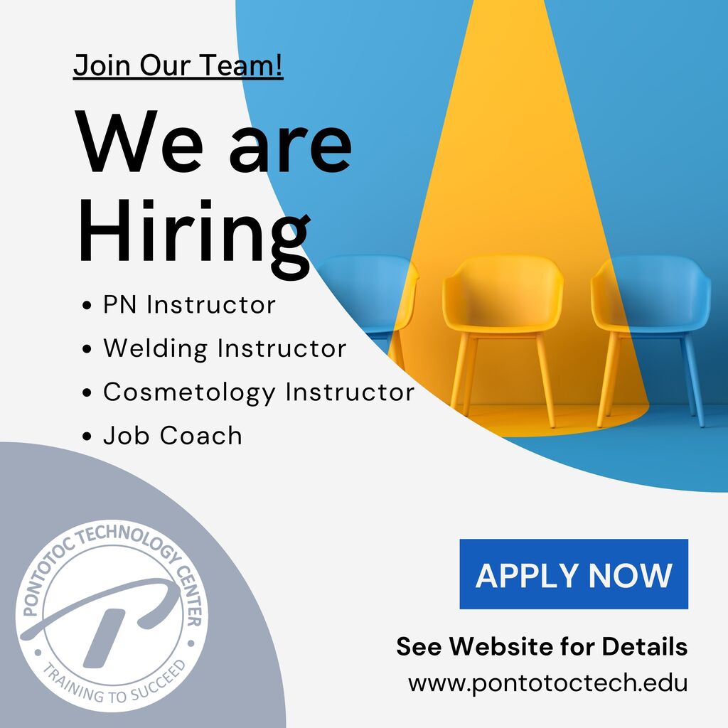 Photo of a chair with a yellow spotlight with text overlaying the image that lists the job openings.