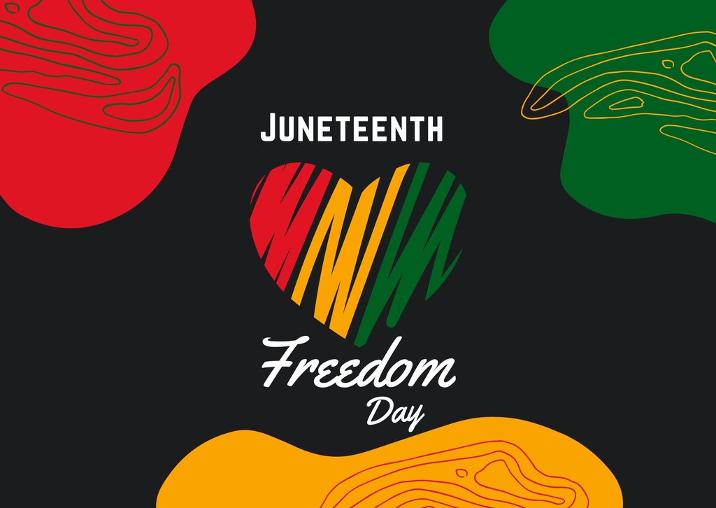 Colorful heart on a black background with words that read,  juneteenth freedom day