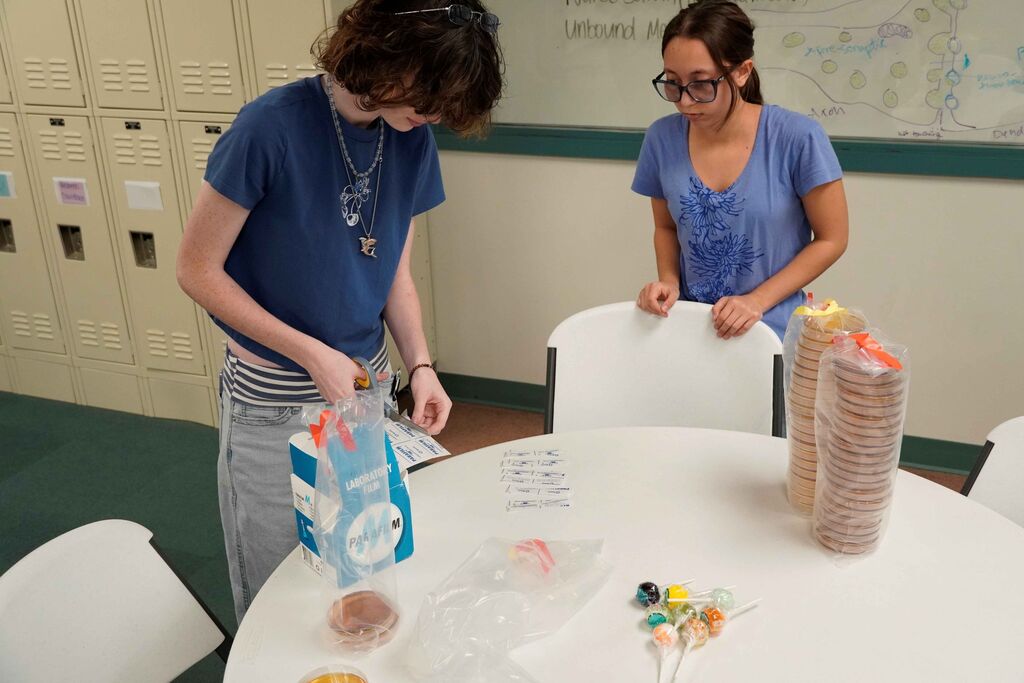 Two people preparing materials to conduct a science experiment