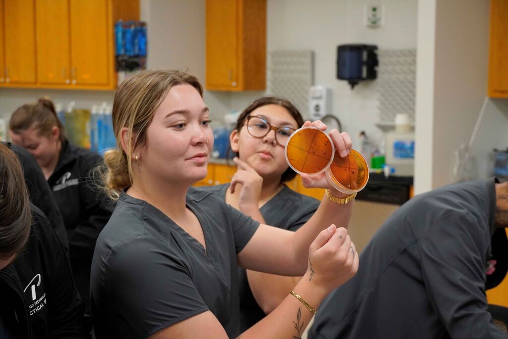 People looking at a science experiment