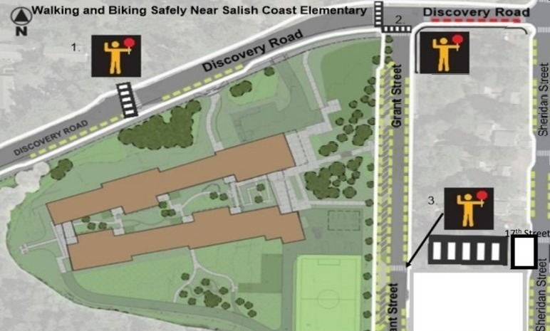 map overview of salish coast school with flagers in the locations that they stand on school days 