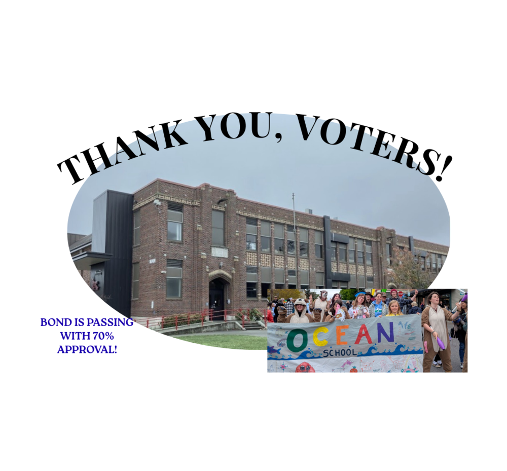 Thank you voters, hs building main and ocean students holding sign