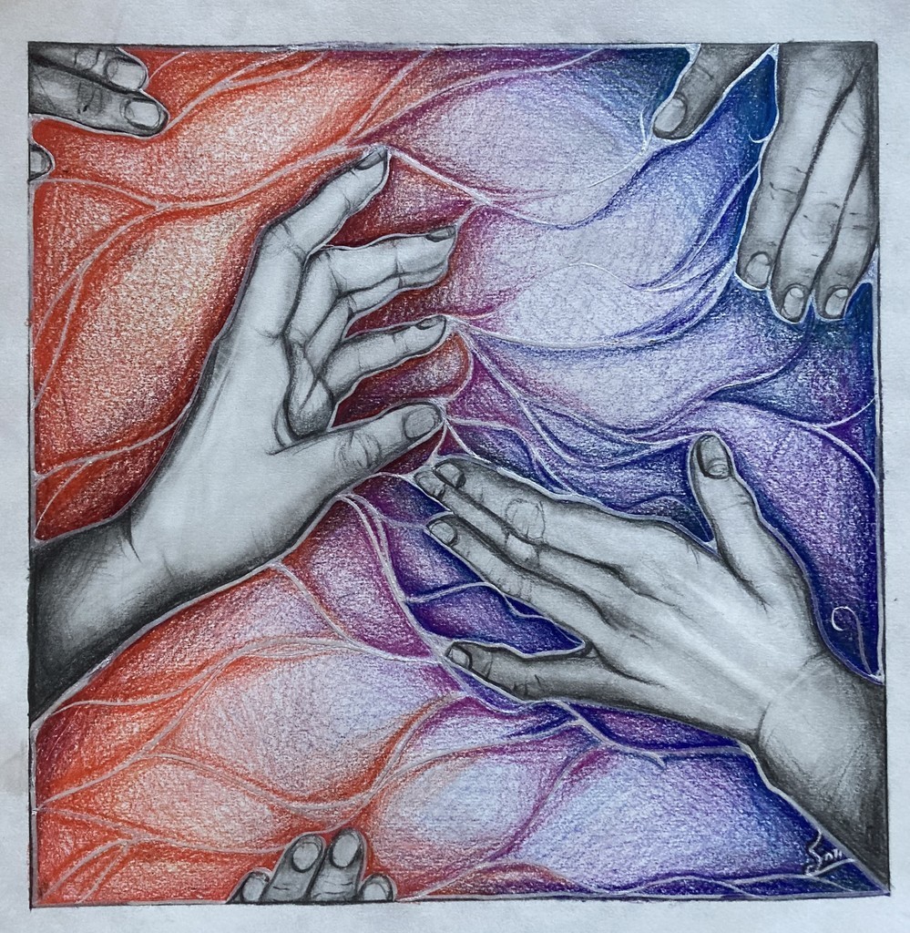 Student artwork of three hands