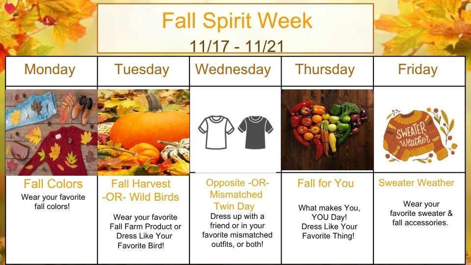 Fall Spirit Week flyer displays fall colors and leaves. Spirit days are Monday 11/17- fall colors, tuesday 11/18- fall harvest or wild birds, wednesday 11/19 opposite or mismatched twin day, thursday 11/20- fall for you day, friday 11/21- sweaterweather. Join us in celebrating your school spirit!