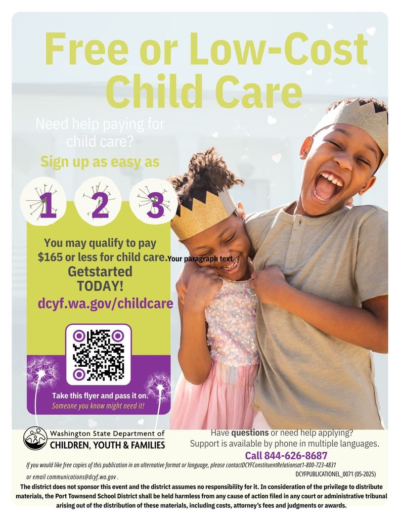 A green and purple flyer with two children hugging telling families about childcare with the YMCA.