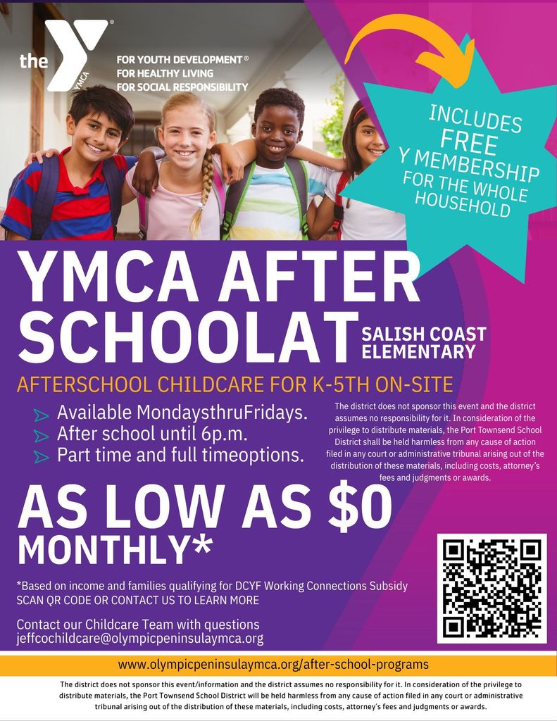 A purple flyer with four children hugging and smiling telling families about childcare with the YMCA.