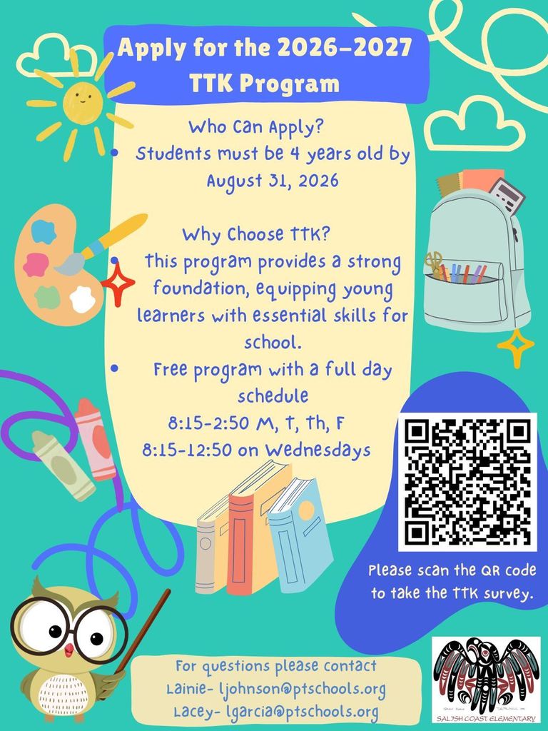 A colorful flier with school related items displaying information about our TTK program 2026-2027.