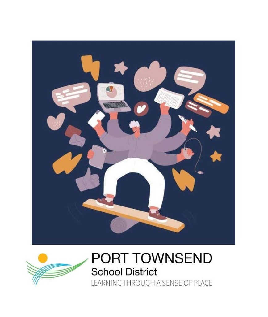 person balancing on a board with office tools like computers, phones, mail, and other items circiling around in the air