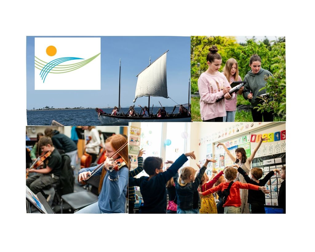 students, boats, logo, students playing music and students in classrooms