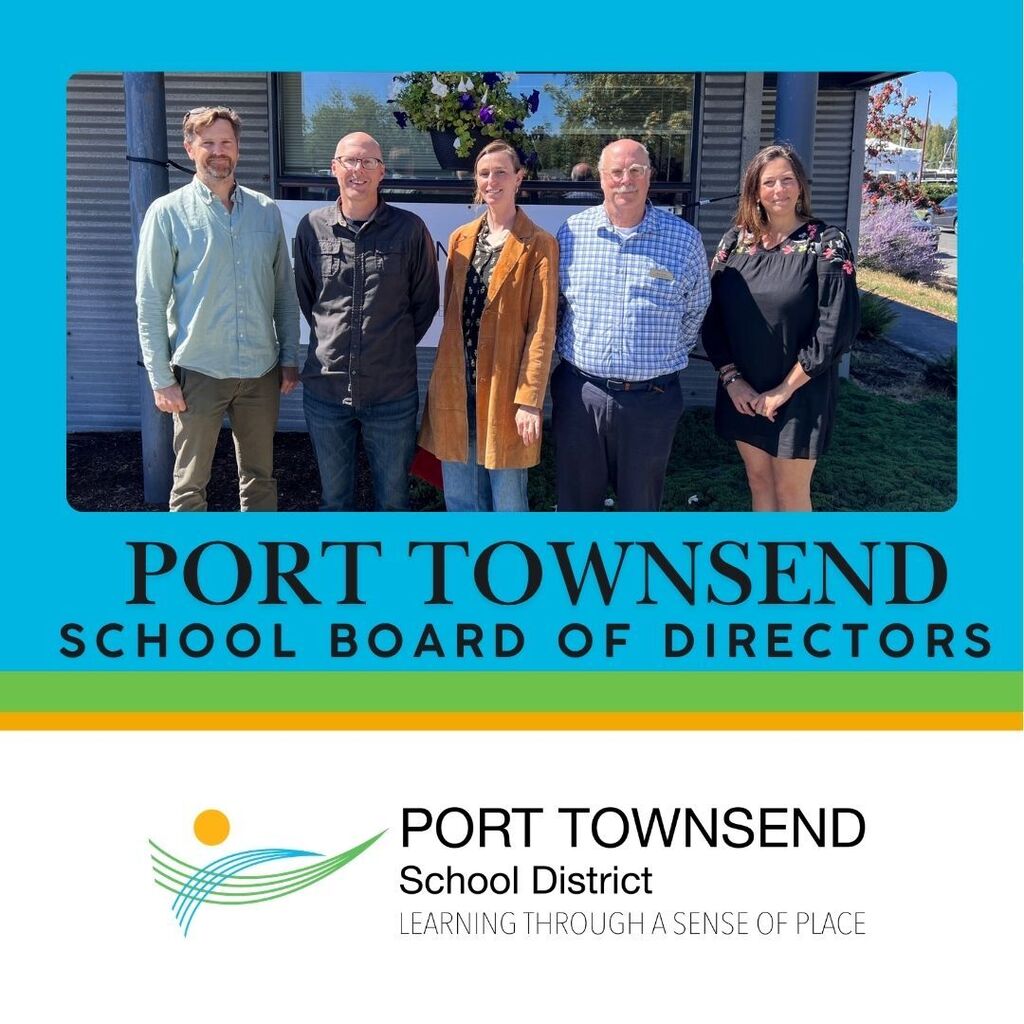 5 adults standing in a line in front of a building- pt schools logo below