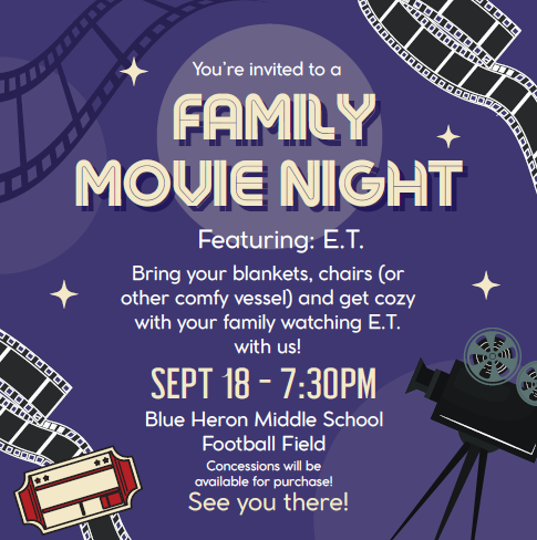 Family movie night on Sept 18th at 7:30pm at the BHMS football field.