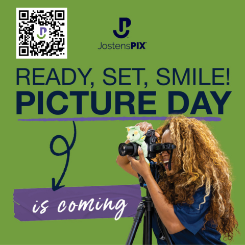 a green and purple flyer detailing picture day information with a qr code