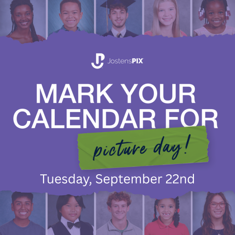 a purple flyer with photos of smiling children detailing picture day information