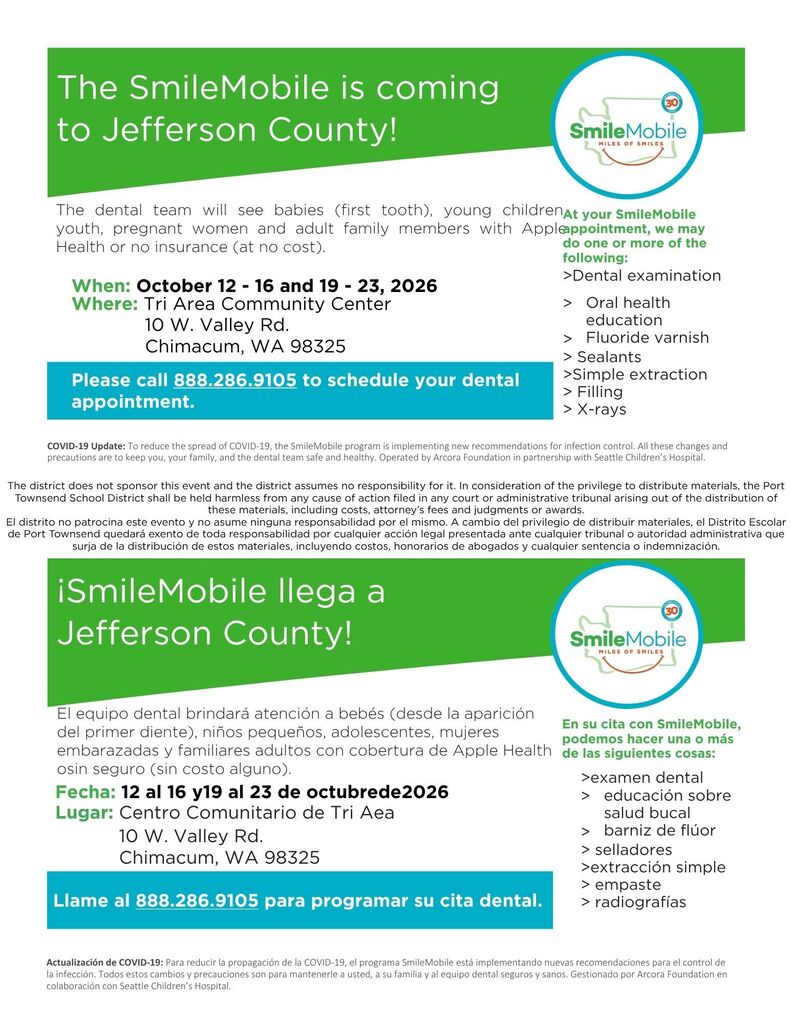 a green blue and white flyer telling families about the smile mobile dental clinic in jefferson county