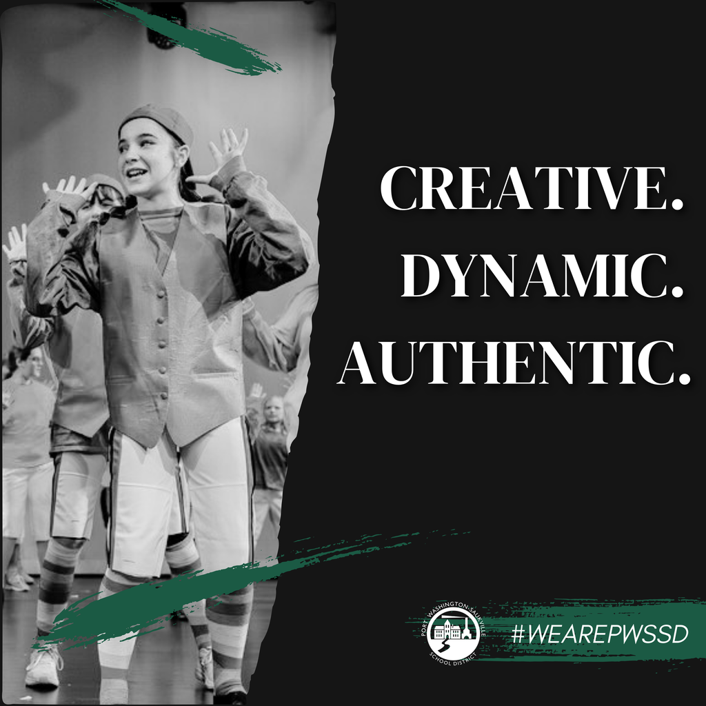 girl acting in a play. words on the side say creative. dynamic. authentic.