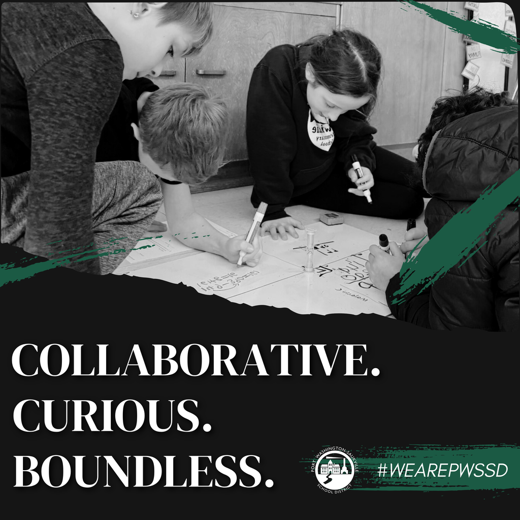 three students working on a math problem together with the words collaborative, curious, and boundless over the top.