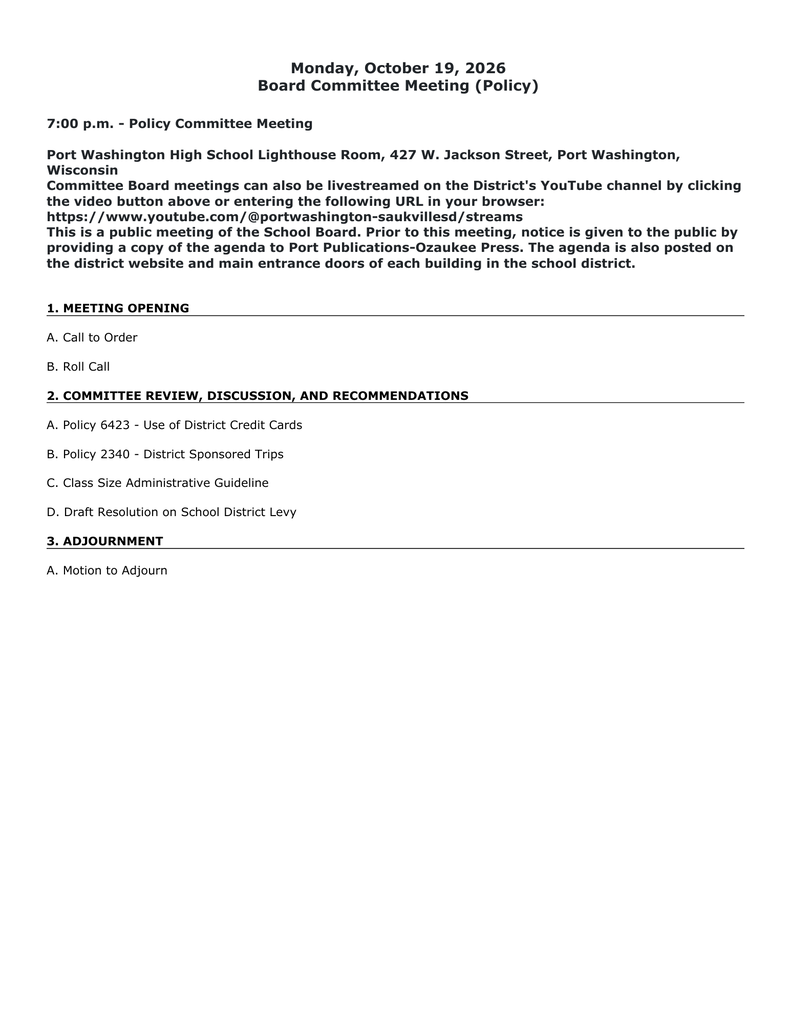 School Board Meeting Notice for 10-19-26
