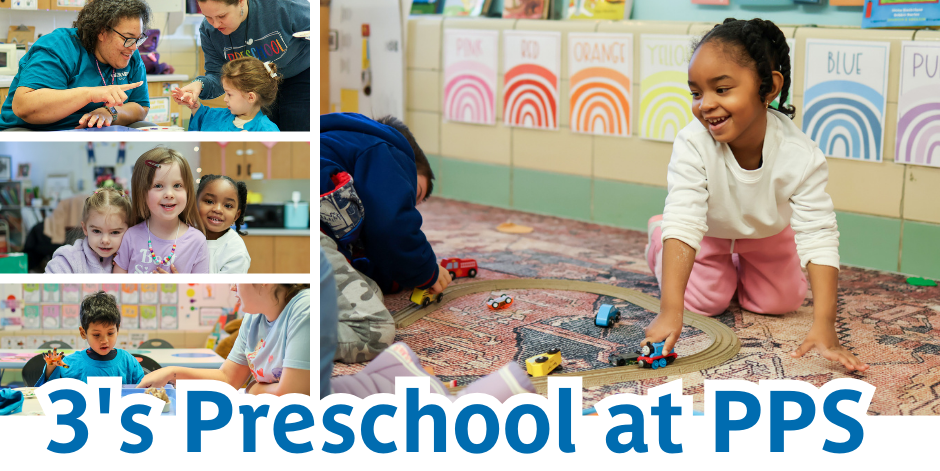 a collage of photos of preschoolers with the words 3's preschool at pps 