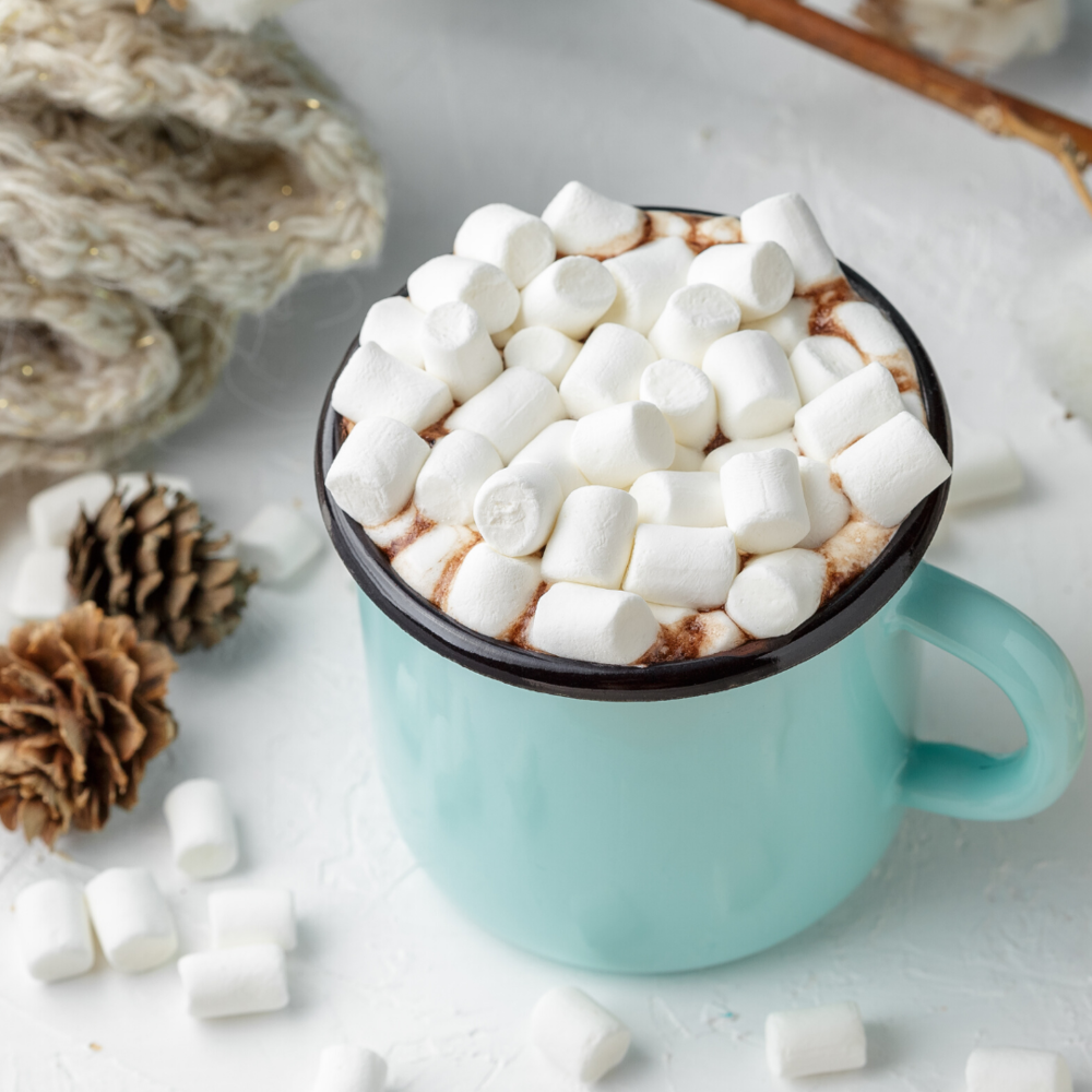 cocoa with marshmallows in blue cup on table with pinecones