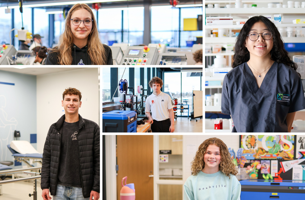 a collage of portraits of students inside classrooms