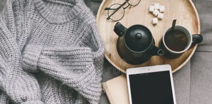 sweater, ipadm tea, glasses
