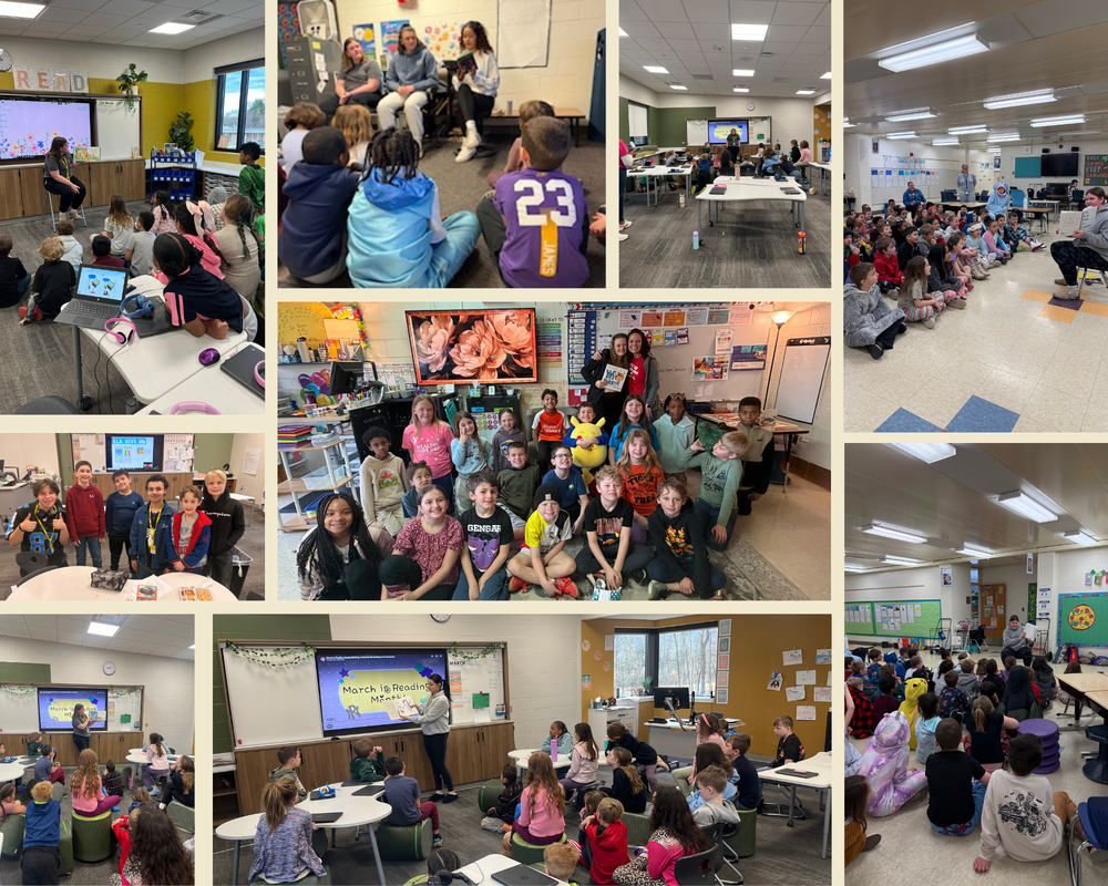 collage photos of huskies with elementary students for March is Reading Month